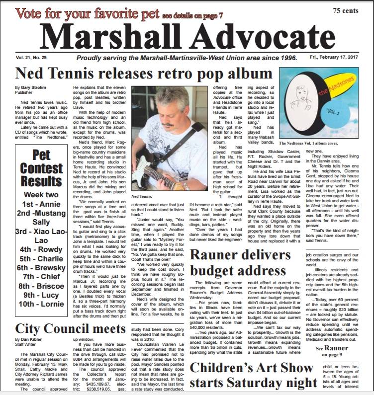 nedtones new release int he local Marshall Illinois newspaper the Advocate