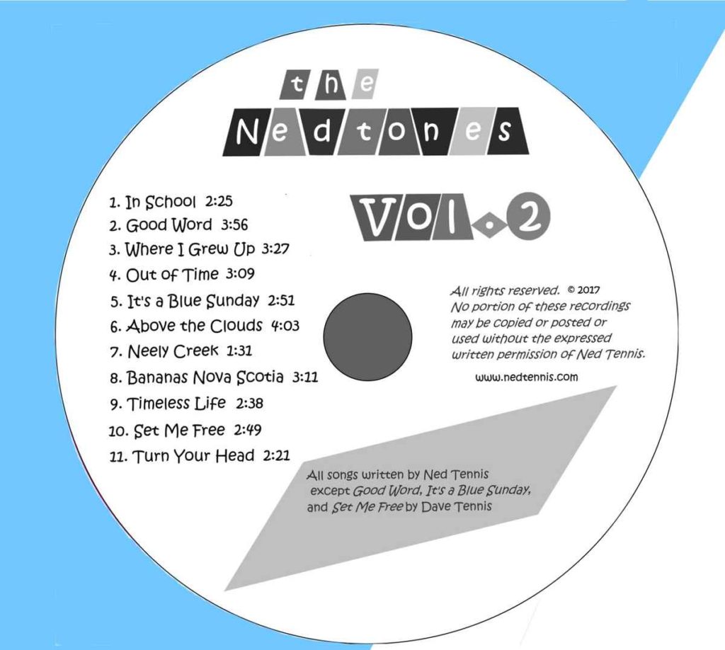 the Nedtones Vol. 2 disk as it looks in the album package. Black and white disk on a blue and white album package background.