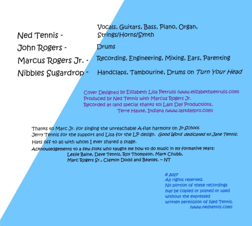 album credits as seen on the inside of the Nedtones Vol. 2 on a light blue and white bakground