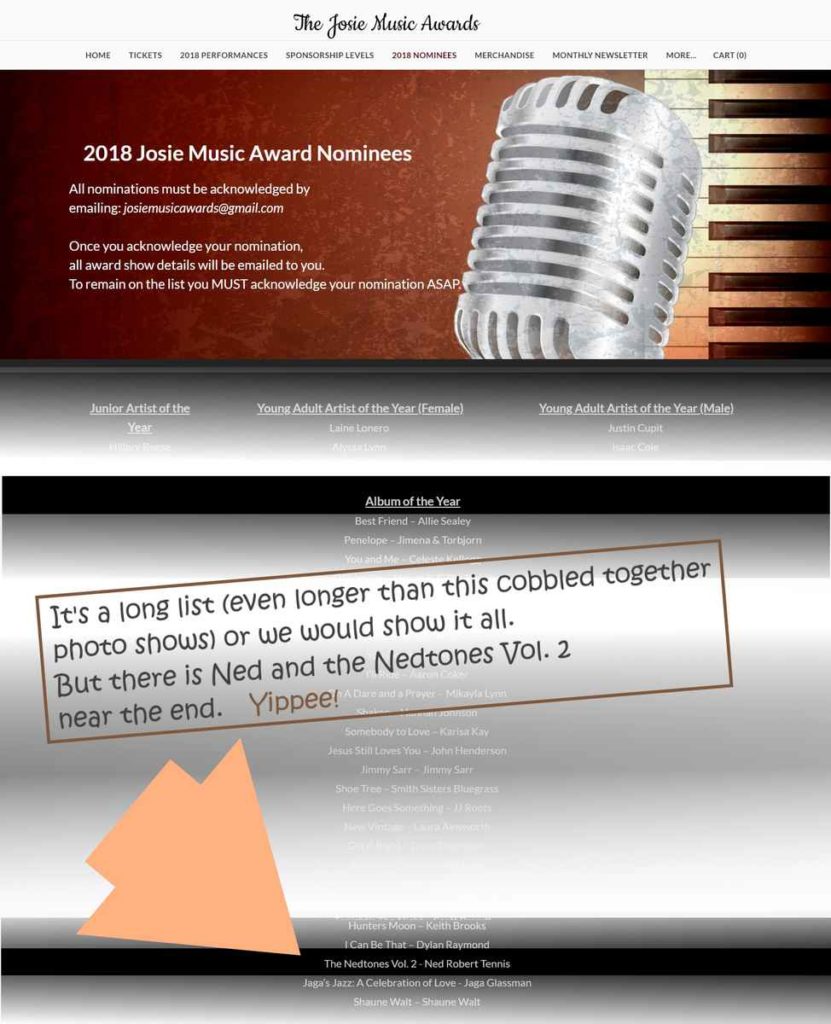 The Josie Music Awards 2018 nominees web page. With scroll down images merged and cobbled together to showcase the Nedtones Vol 2 nomination for Album of the Year.